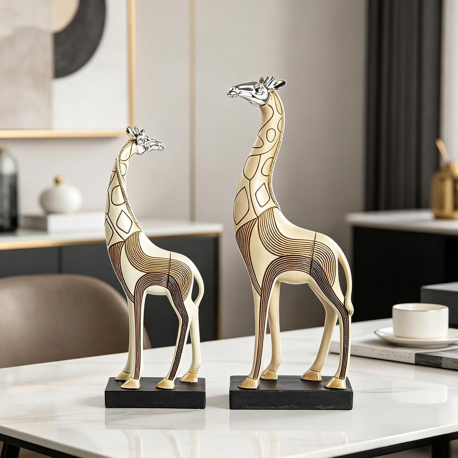 Giraffe Figurine Set of 2, Resin Animal Sculpture, Beige and Brown, 11.61 in and 13.78 in, Safari Home Decor