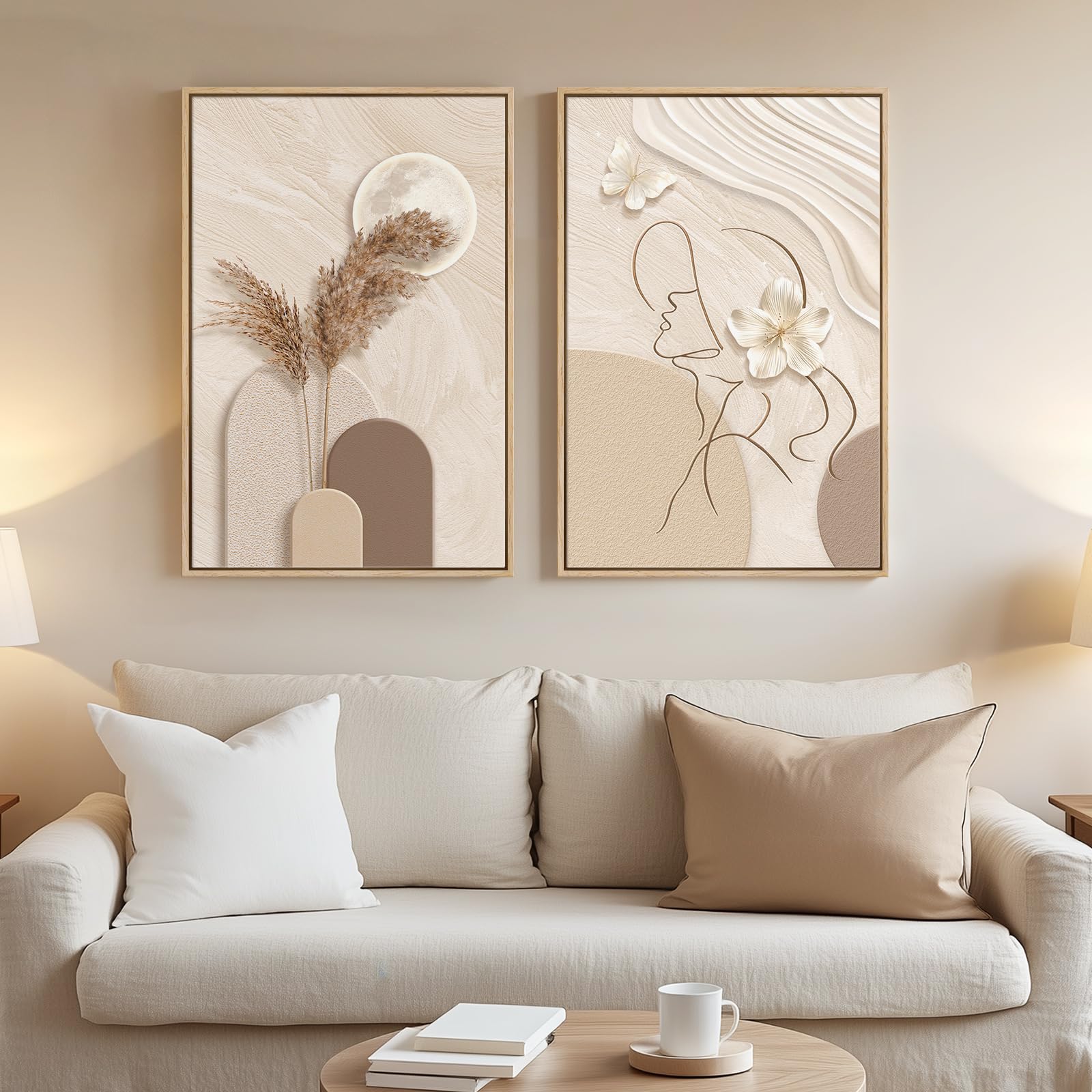 Framed Neutral Abstract Landscape Wall Art for Living Room, Large Set of 2 Minimalist Tree Canvas Artwork for Walls, Modern Nature Scenic Paintings Prints Wall Decor for Bedroom Home Office, 20x30 In