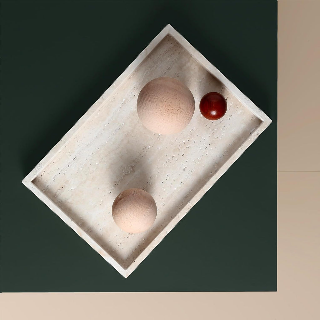 Natural Travertine Rectangular Decorative Tray 15"x10" – Stone Serving Tray | Non-slip bottom. Use on coffee bar, kitchen island, or vanity. Holds 2-3 cups. Each piece is unique.