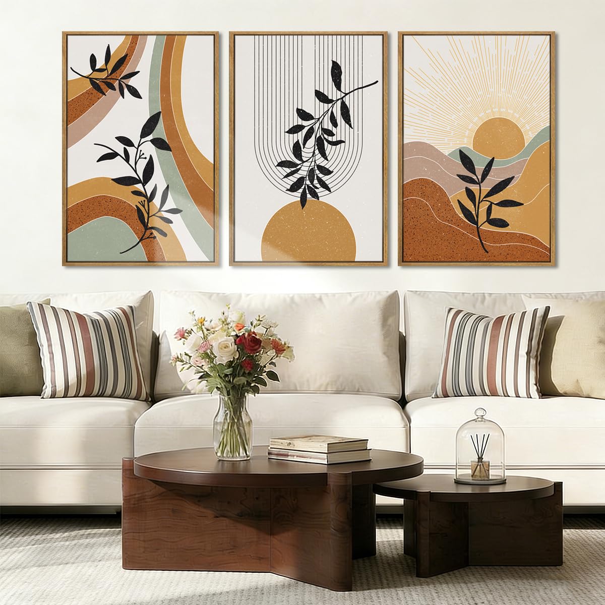 Large Abstract Paintings Framed Neutral Canvas Prints Mid Century Modern Wall Art Abstract Wall Decor Neutral Wall Pictures Elegant Modern Paintings for Living Room Bedroom Bathroom Office 36x24 Inch 3 Piece