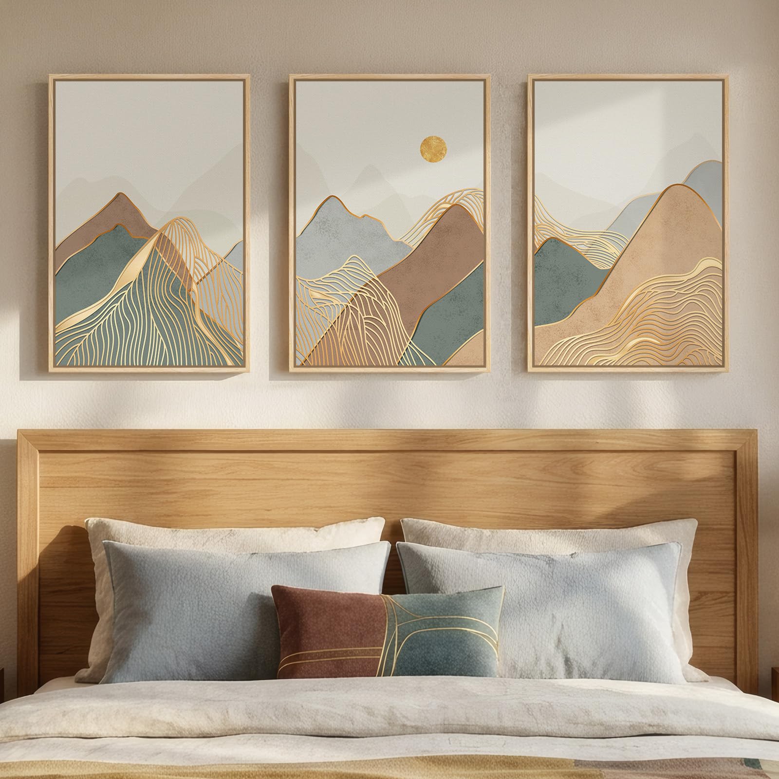 Large Framed Neutral Abstract Landscape Set of 3 Living Room Wall Art, Modern Misty Pine Forest Canvas Artwork for Walls, Beige Rustic Farmhouse Nature Wall Decor for Bedroom Hallway Office, 24x36 In