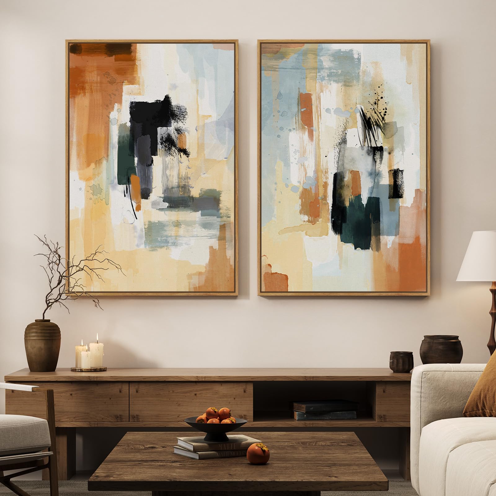 Large Framed Neutral Abstract Wall Art, 2 Piece Modern Canvas Prints Paintings, Beige Gold Abstract Pictures for Living Room Hallway Dining Room Bedroom Office Wall Decor 24x36 In