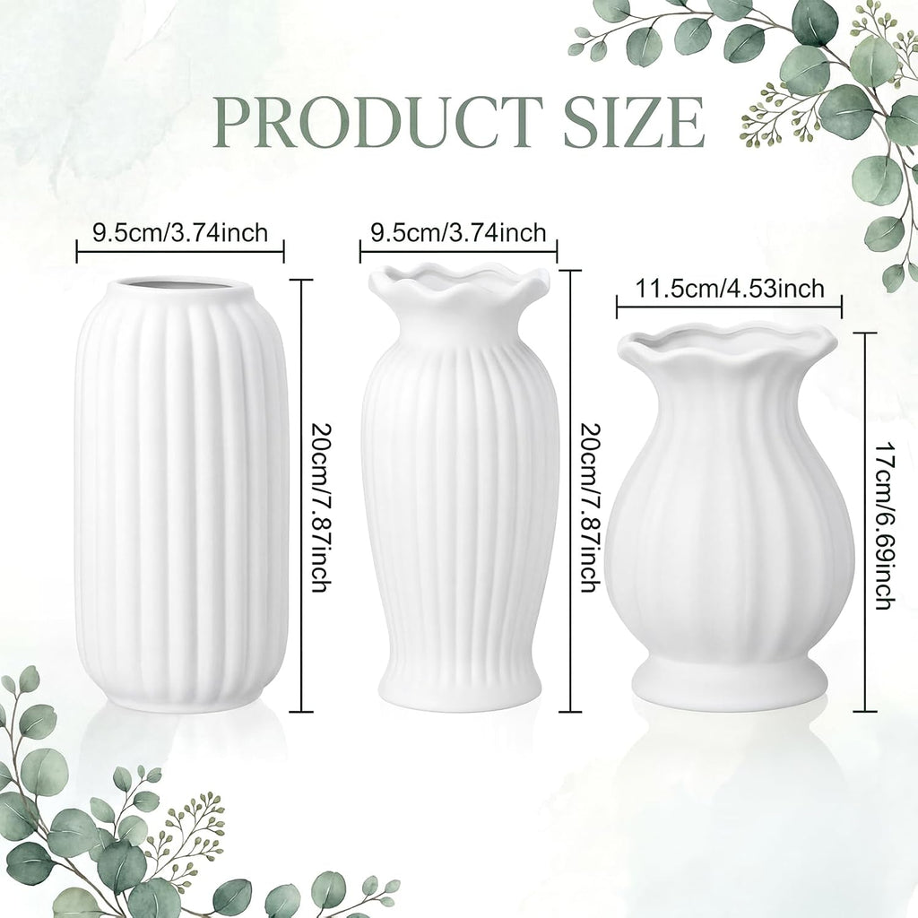 3 Pcs Vase Modern Fluted Ribbed Textured Boho Decorative Vase for Flowers Living Room Home Cabinet Table Centerpieces Wedding Kitchen Office(Milk White Vertical)