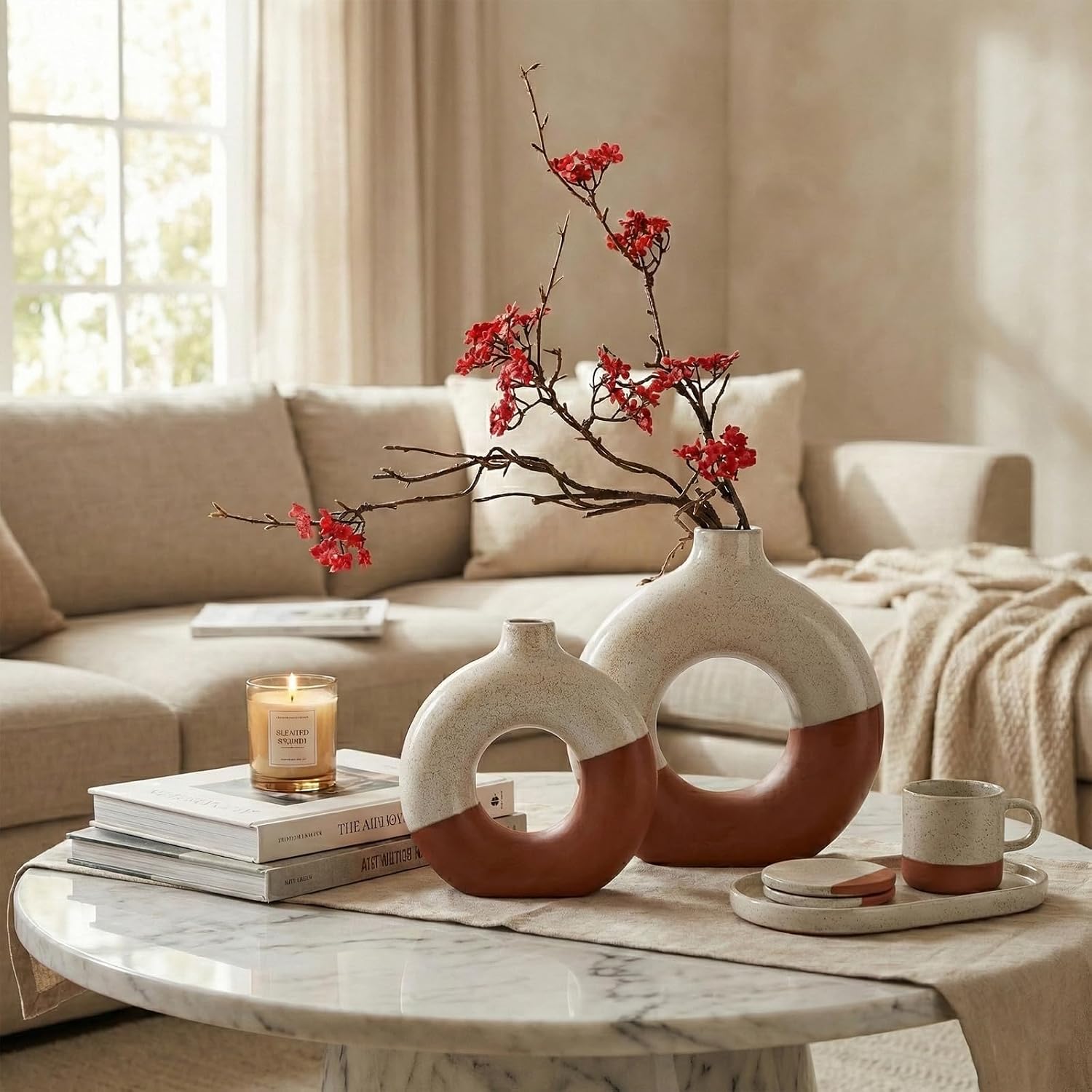 Terracotta Vase Decor Donut Vase Set of 2 - Circle Hollow Vases, Modern Matte Ceramic Vases for Entryway Living Room Bedroom Dining Table Centerpiece Office Home Decor