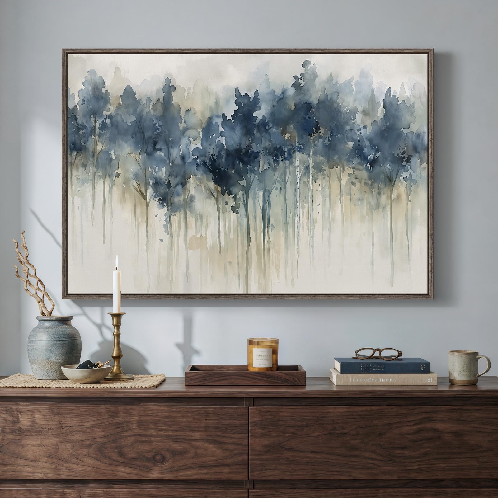Framed Blue Abstract Forest Wall Art, Horizontal Watercolor Canvas Artwork for Walls, Modern Picture Print Wall Decor, Abstract Landscape Artwork for Living Room Bedroom Office Dining Room, 24x36 Inch