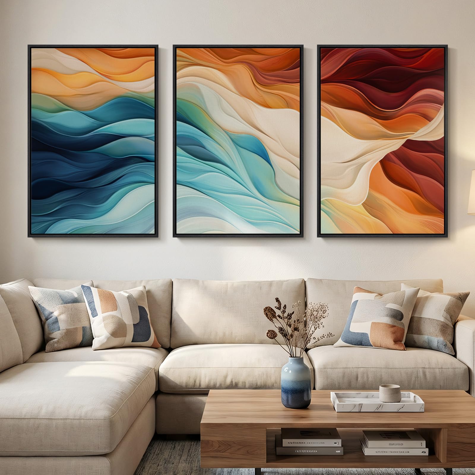 Large Framed Blue and Neutral Abstract Wall Art for Living Room, 3 Piece Modern Canvas Prints Paintings Artwork for Walls, Minimalist Pictures for Bedroom Dining Room Hallway Wall Decor 24x36 Inch