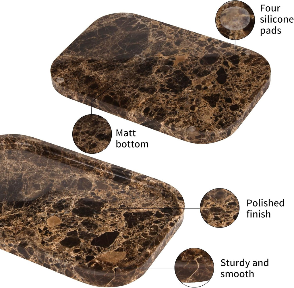 Marble Bathroom Vanity Tray, Natural Marble Home Kitchen Table Tray, Stone Decorative Countertop Serving Organizer for Dresser Coffee Perfume Jewelry Makeup (1, Dark Brown L, 12 * 8 * 0.8)