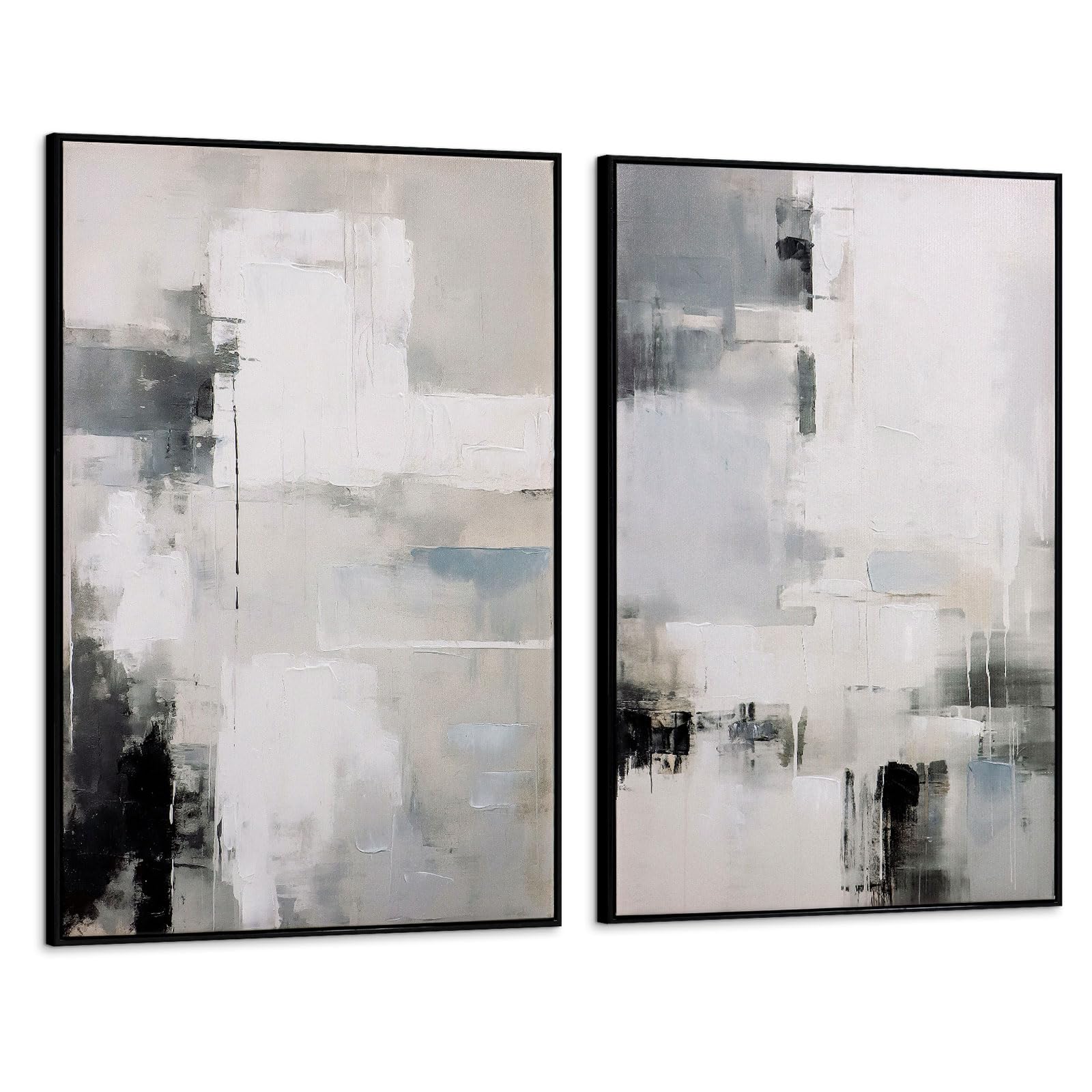 Set of 2 Modern Neutral Abstract Wall Art – Framed Beige, Gray, and Black Canvas Paintings for Living Room, Bedroom, or Office Décor – 24x36 Inches Each