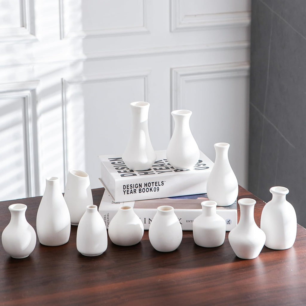 White Ceramic Bud Vase Set of 12, Small Flower Vases for Centerpieces, Modern Mini Vases for Home Decor, Wedding Table Decorations, Farmhouse Shelf and Mantel Display