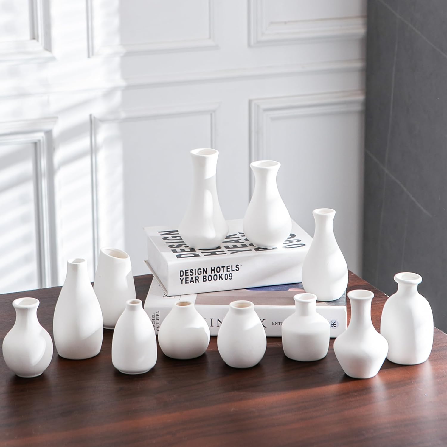 White Ceramic Bud Vase Set of 12, Small Flower Vases for Centerpieces, Modern Mini Vases for Home Decor, Wedding Table Decorations, Farmhouse Shelf and Mantel Display