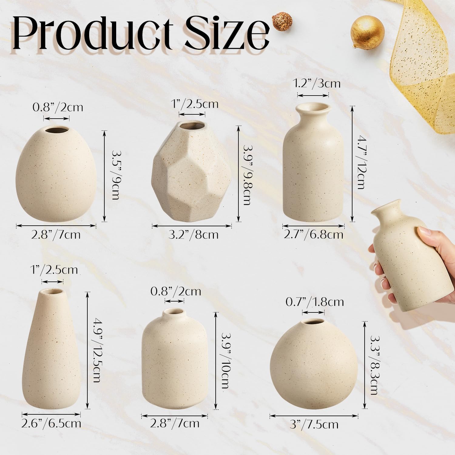 6 Pcs Mini Beige Ceramic Vase Set, Modern Boho Bud Vases for Dried Flowers Plants, Small Decorative Pottery Vases for Home Decor, Wedding, Bookshelf, Coffee Table Centerpiece