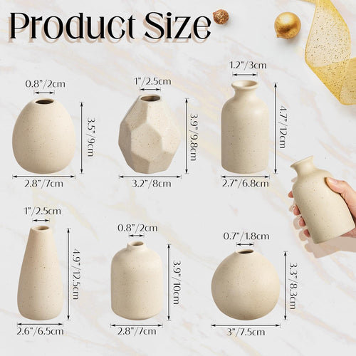 6 Pcs Mini Beige Ceramic Vase Set, Modern Boho Bud Vases for Dried Flowers Plants, Small Decorative Pottery Vases for Home Decor, Wedding, Bookshelf, Coffee Table Centerpiece