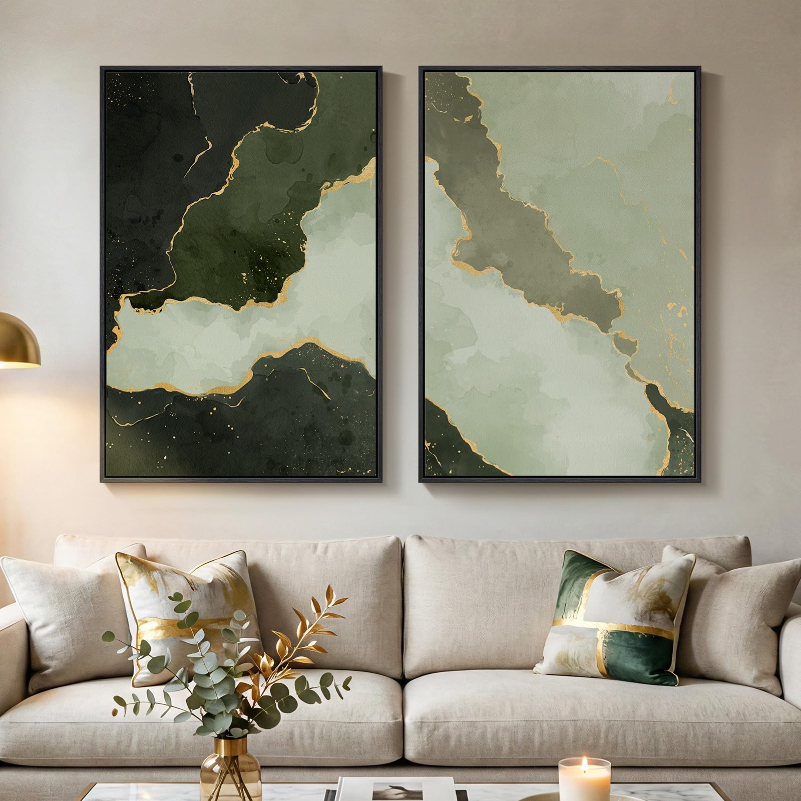 Large Framed Neutral Abstract Wall Art, 2 Piece Modern Canvas Prints Paintings, Beige Gold Abstract Pictures for Living Room Hallway Dining Room Bedroom Office Wall Decor 24x36 In