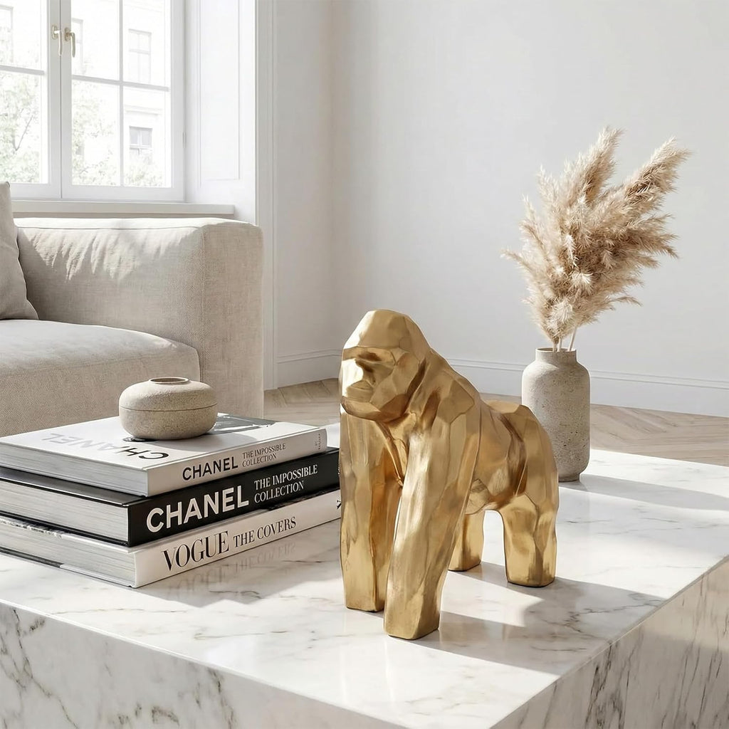 Golden Gorilla Statue - Abstract Art Resin Sculpture for Home and Office Decor - Tabletop, Bookshelf, or Desktop Ornament - 8.3" H - Gift for Animal Lovers