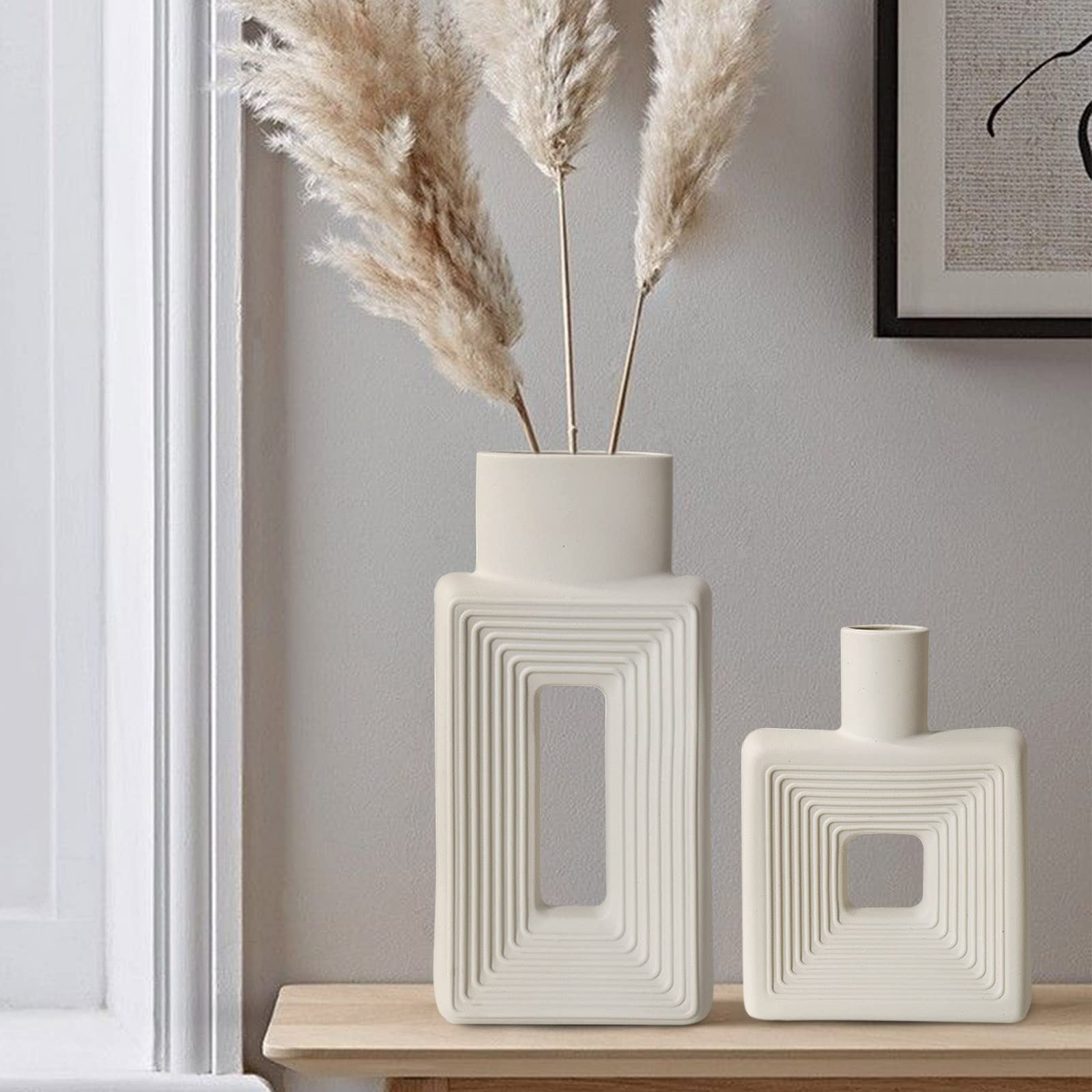 Ceramic Vase - Set of 2 for Home Decor,White Flower Shape Pampas Vases Minimalist Nordic Boho Style for Modern Farmhouse Decor, Living Room、 Kitchen、Mantle、Bedroom、Dining Table、Office