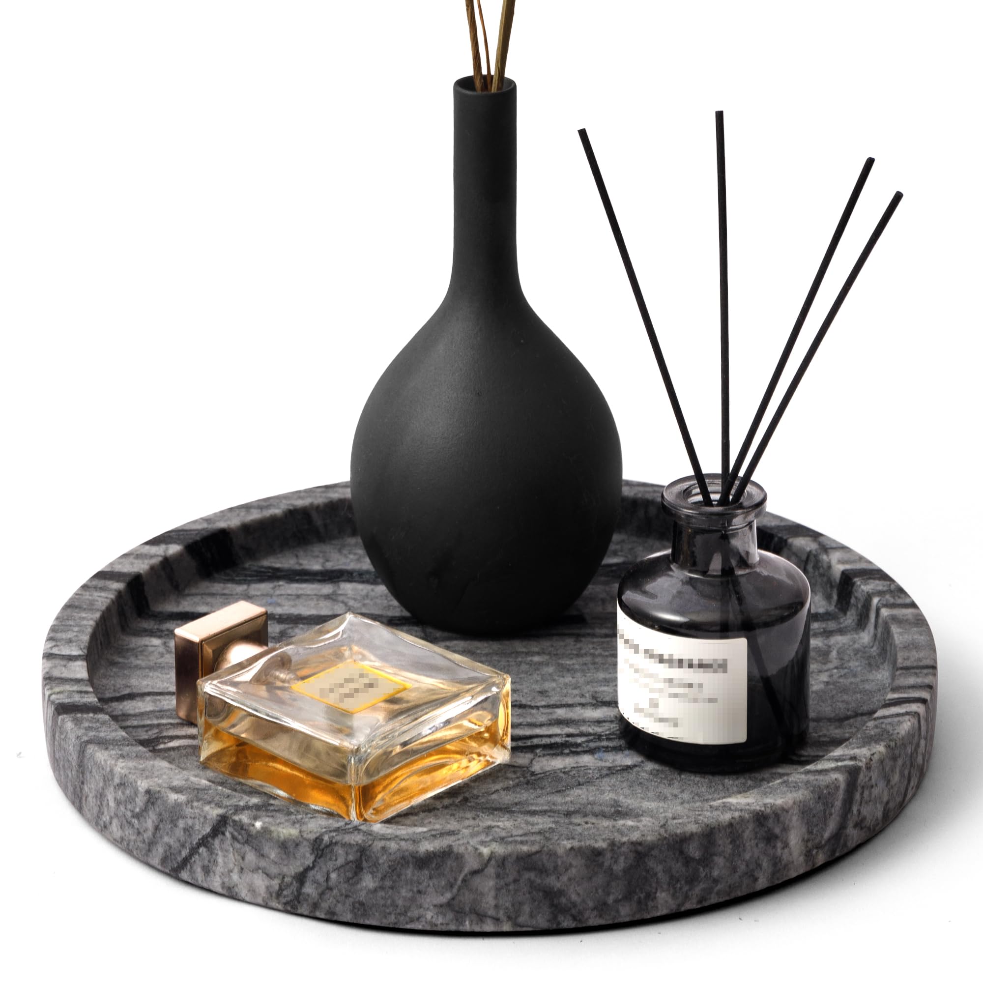 Natural Marble Vanity Tray for Bathroom Kitchen Dresser, Travertine Stone Decorative Trays for Jewelry, Perfume, Cosmetic, Candle, Round Countertop Storage Organizer for Home Decor Beige (WH019)