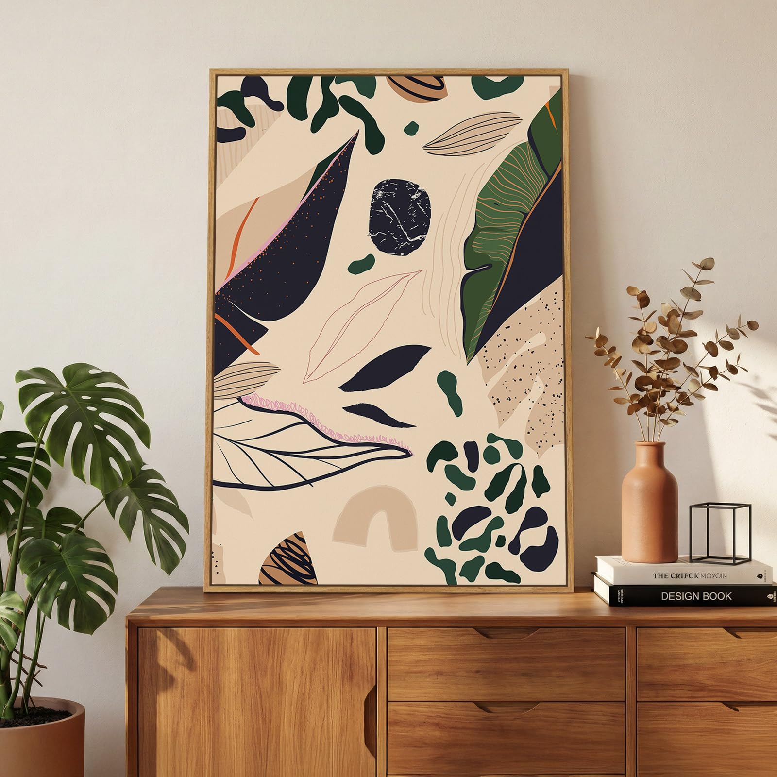 Framed Boho Abstract Wall Art for Living Room, Neutral Black Beige Wabi Sabi Botanical Leaf Prints Canvas Artwork for Walls, Minimalist Mid Century Modern Wall Decor for Bedroom Home Office, 24x36 In
