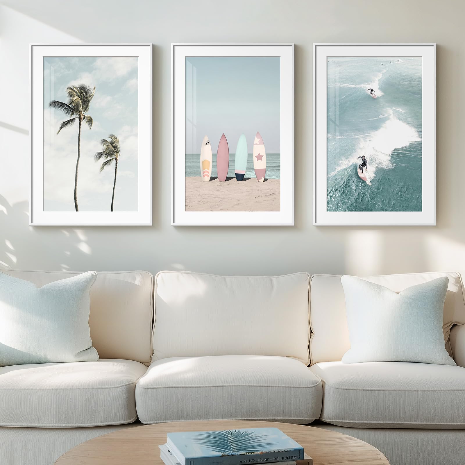 Framed Abstract Coastal Wall Art for Living Room, Large Blue Coastal Landscape Decor, 3 Piece Minimalist Beach Ocean Painting Artwork for Walls, Canvas Prints for Bedroom Hallway Wall Decor, 24x36 In