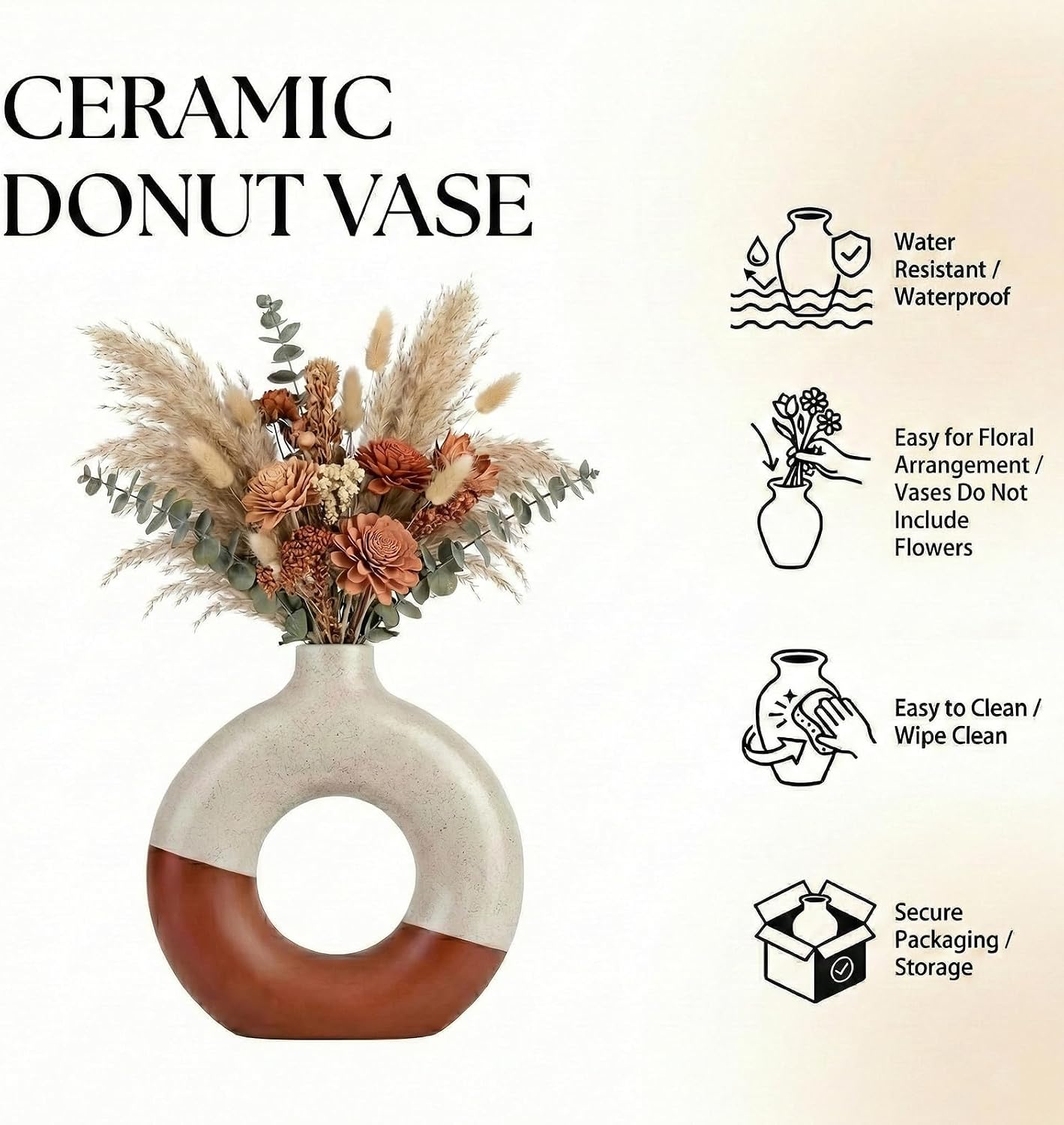 Terracotta Vase Decor Donut Vase Set of 2 - Circle Hollow Vases, Modern Matte Ceramic Vases for Entryway Living Room Bedroom Dining Table Centerpiece Office Home Decor