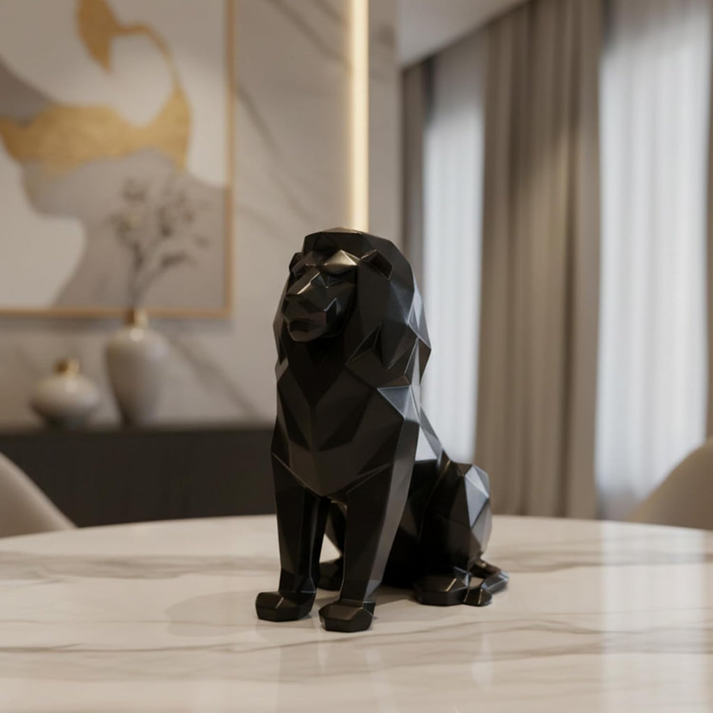 Artarium Geometric Black Lion Statue 7.6 Inch, Modern Resin Lion Figurine for Home Decor, Office Desk, Bookshelf & Coffee Table, Abstract Wildlife Sculpture, Contemporary Interior Decoration Gift
