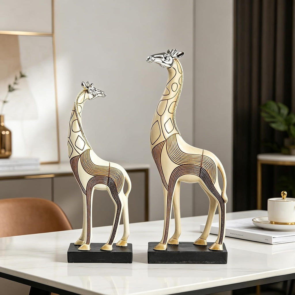 Giraffe Figurine Set of 2, Resin Animal Sculpture, Beige and Brown, 11.61 in and 13.78 in, Safari Home Decor