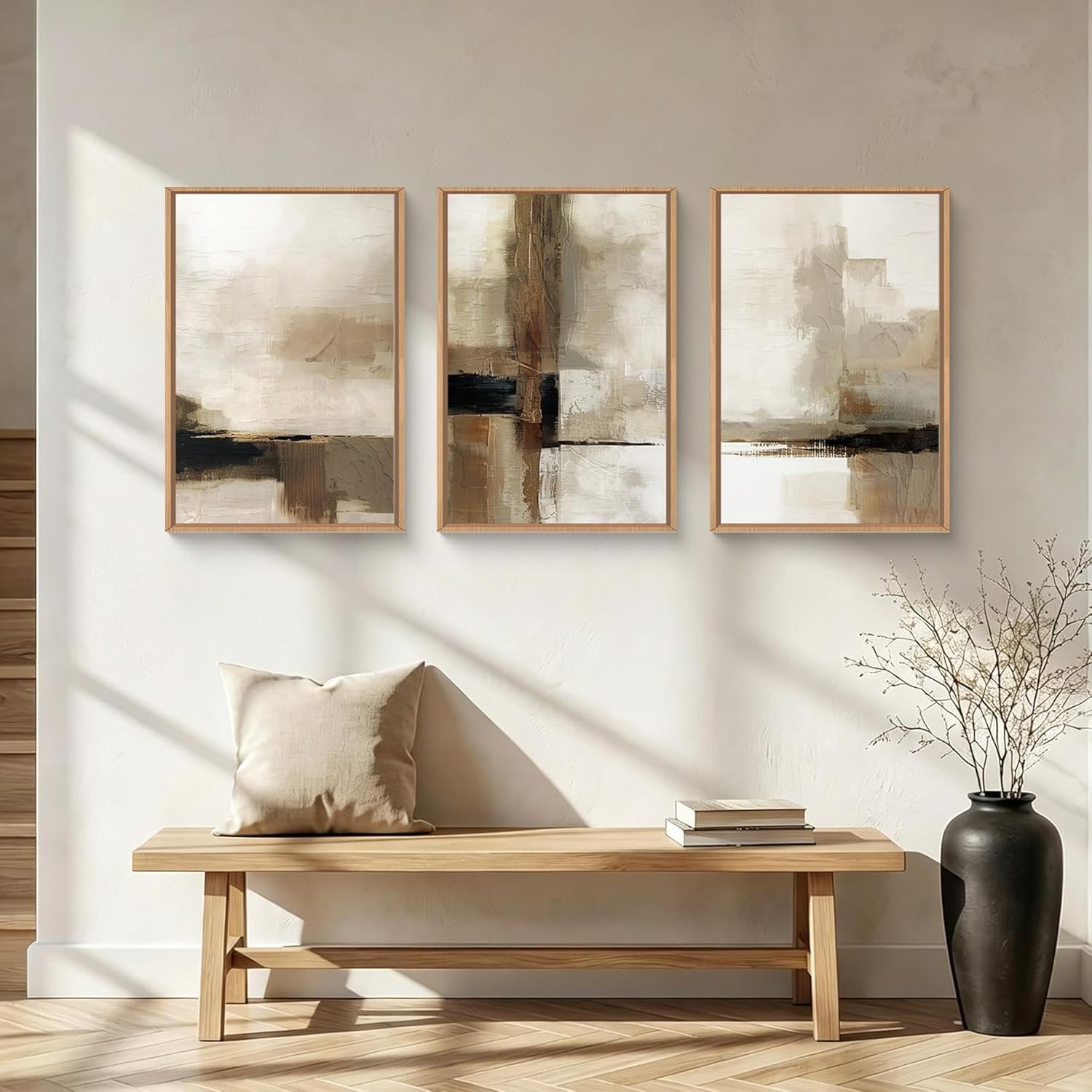 HOURIA Abstract Neutral Vintage Earth Tone Framed Canvas Wall Art Set,Modern Minimalist Rustic Brown Beige Wall Decor,Wabi Sabi Textured Brushstroke Artwork for Living Room,Bedroom,Farmhouse-24"x36"x3
