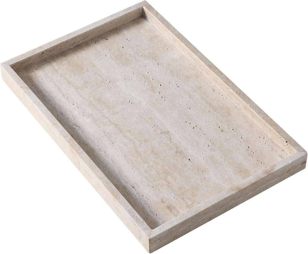 Natural Travertine Rectangular Decorative Tray 15"x10" – Stone Serving Tray | Non-slip bottom. Use on coffee bar, kitchen island, or vanity. Holds 2-3 cups. Each piece is unique.