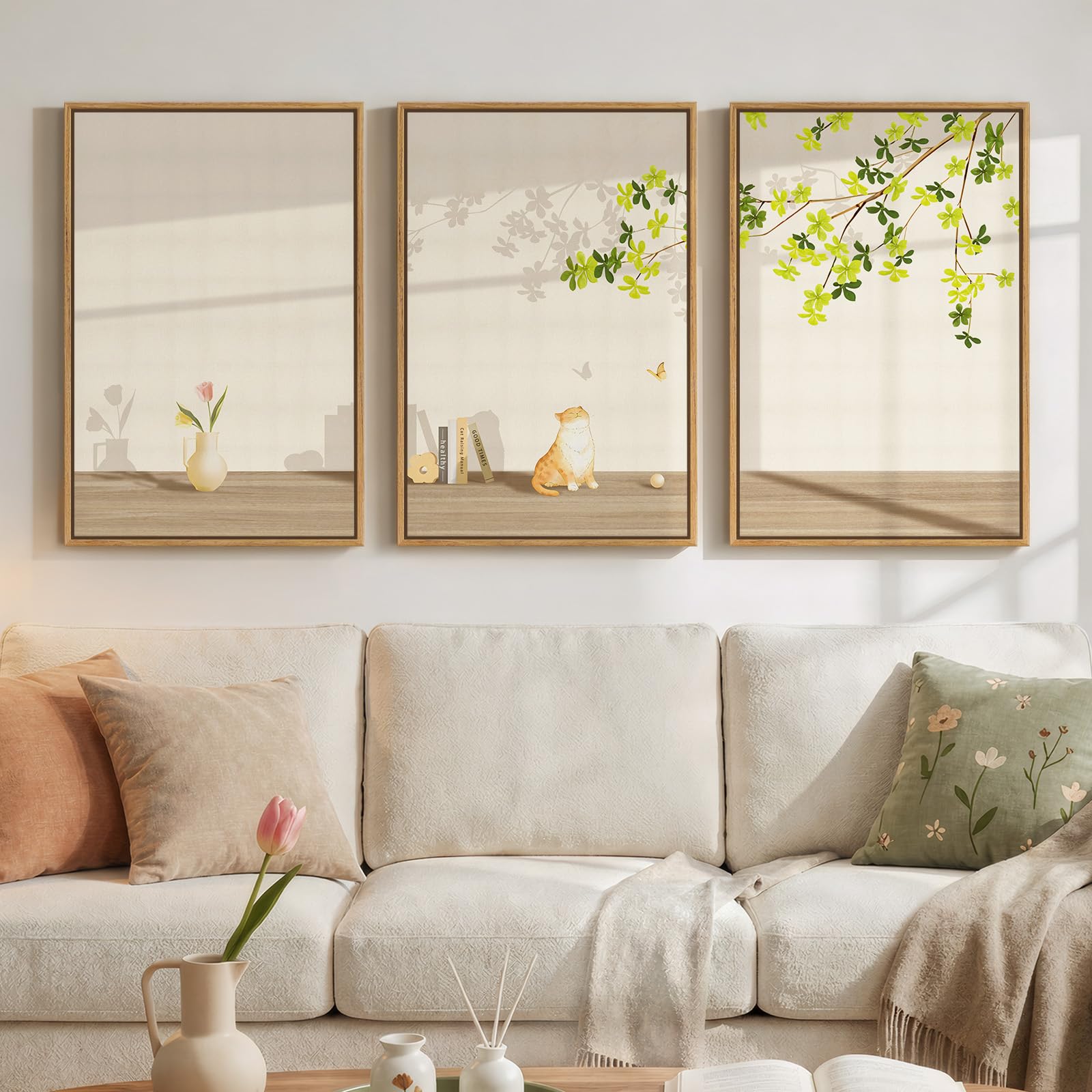 Framed Abstract Sage Green 3 Piece Wall Art for Living Room, Modern Neutral Waves Botanical Canvas Artwork for Walls, Minimalist Wabi Sabi Rustic Nature Print Wall Decor for Bedroom Office, 16x24 Inch