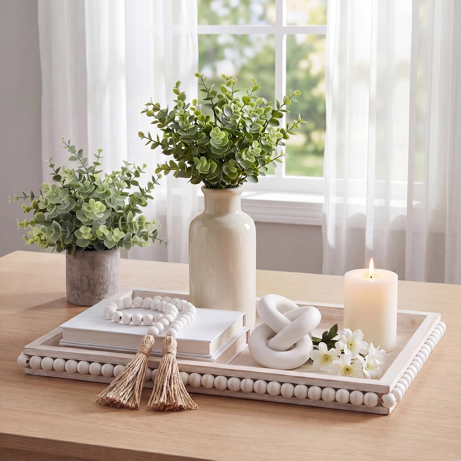 6 Pcs Rustic Boho Table Decor Set Includes Boho White Ceramic Vases and Mini Artificial Potted Plants for Living Room Weeding, Office Desk, Farmhouse Bathroom, and Kitchen Decor