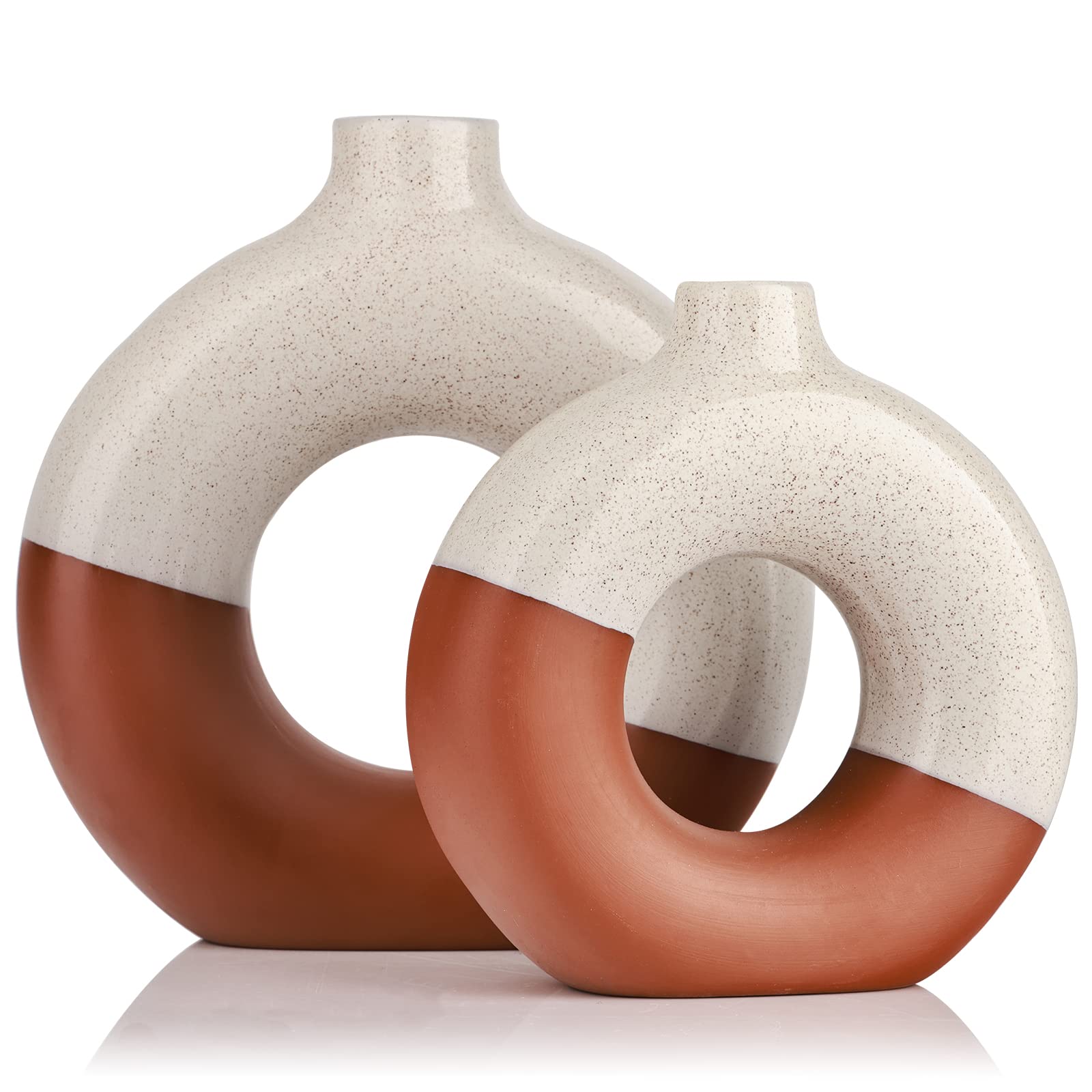 Terracotta Vase Decor Donut Vase Set of 2 - Circle Hollow Vases, Modern Matte Ceramic Vases for Entryway Living Room Bedroom Dining Table Centerpiece Office Home Decor