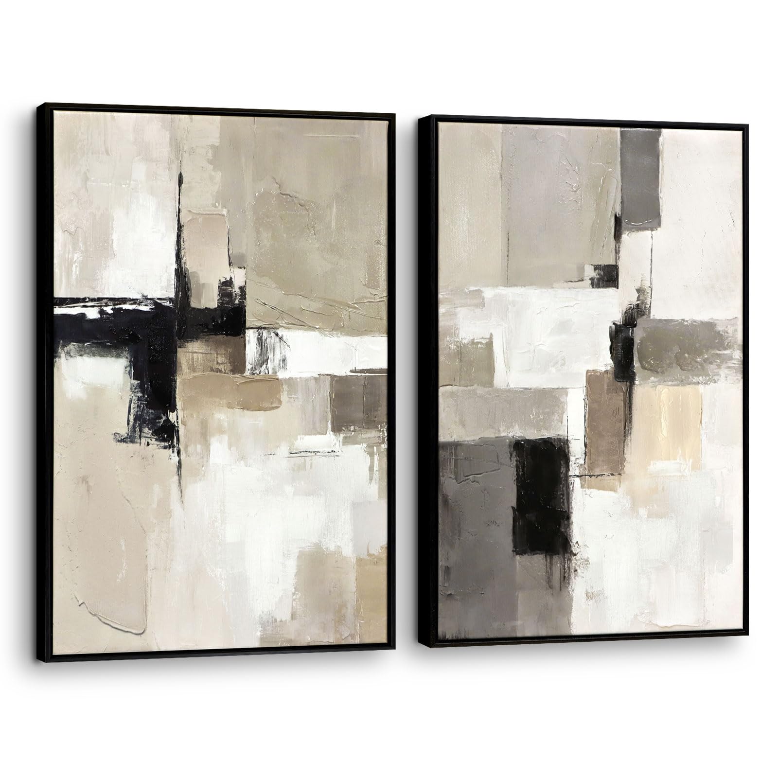Set of 2 Modern Neutral Abstract Wall Art – Framed Beige, Gray, and Black Canvas Paintings for Living Room, Bedroom, or Office Décor – 24x36 Inches Each
