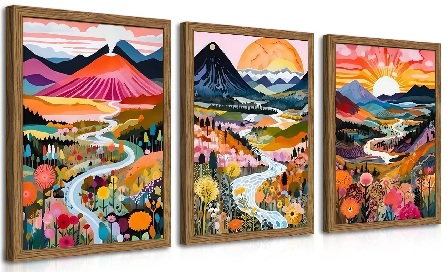 Framed Colorful Floral Wall Art Set of 3, Abstract Scandinavian Flower Canvas Wall Decor Paintings, Mid Century Modern Botanical Artwork Pictures Prints for Living Room Bedroom Dining Room 16x24 Inch