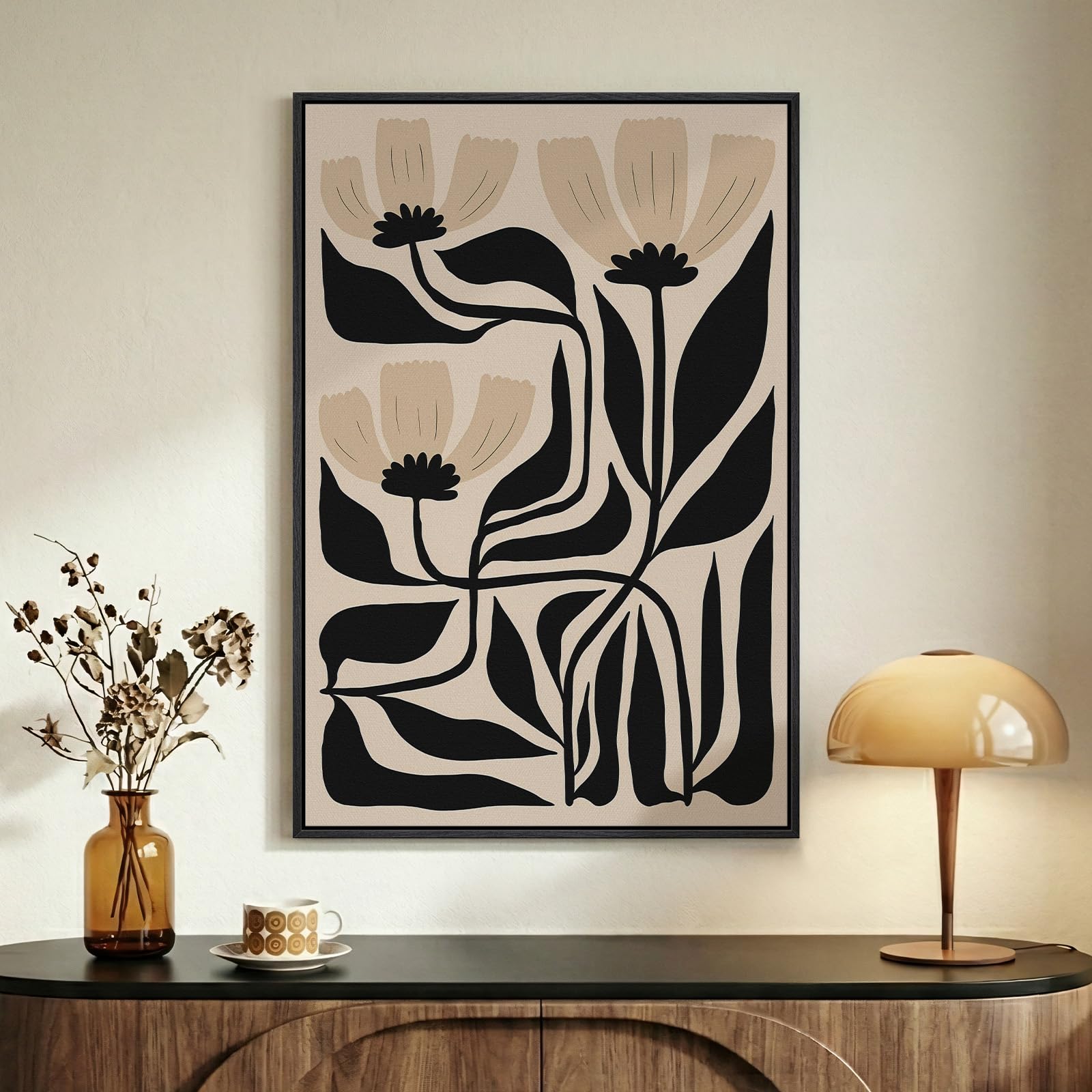 Framed Boho Abstract Wall Art for Living Room, Neutral Black Beige Wabi Sabi Botanical Leaf Prints Canvas Artwork for Walls, Minimalist Mid Century Modern Wall Decor for Bedroom Home Office, 24x36 In
