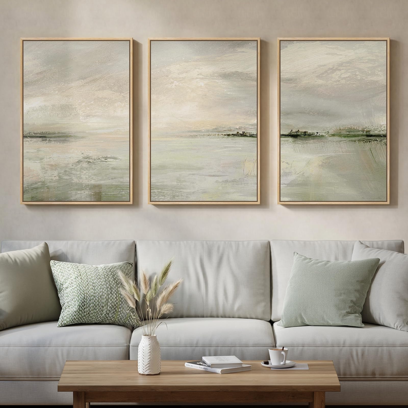 Large Framed Blue and Neutral Abstract Wall Art for Living Room, 3 Piece Modern Canvas Prints Paintings Artwork for Walls, Minimalist Pictures for Bedroom Dining Room Hallway Wall Decor 24x36 Inch