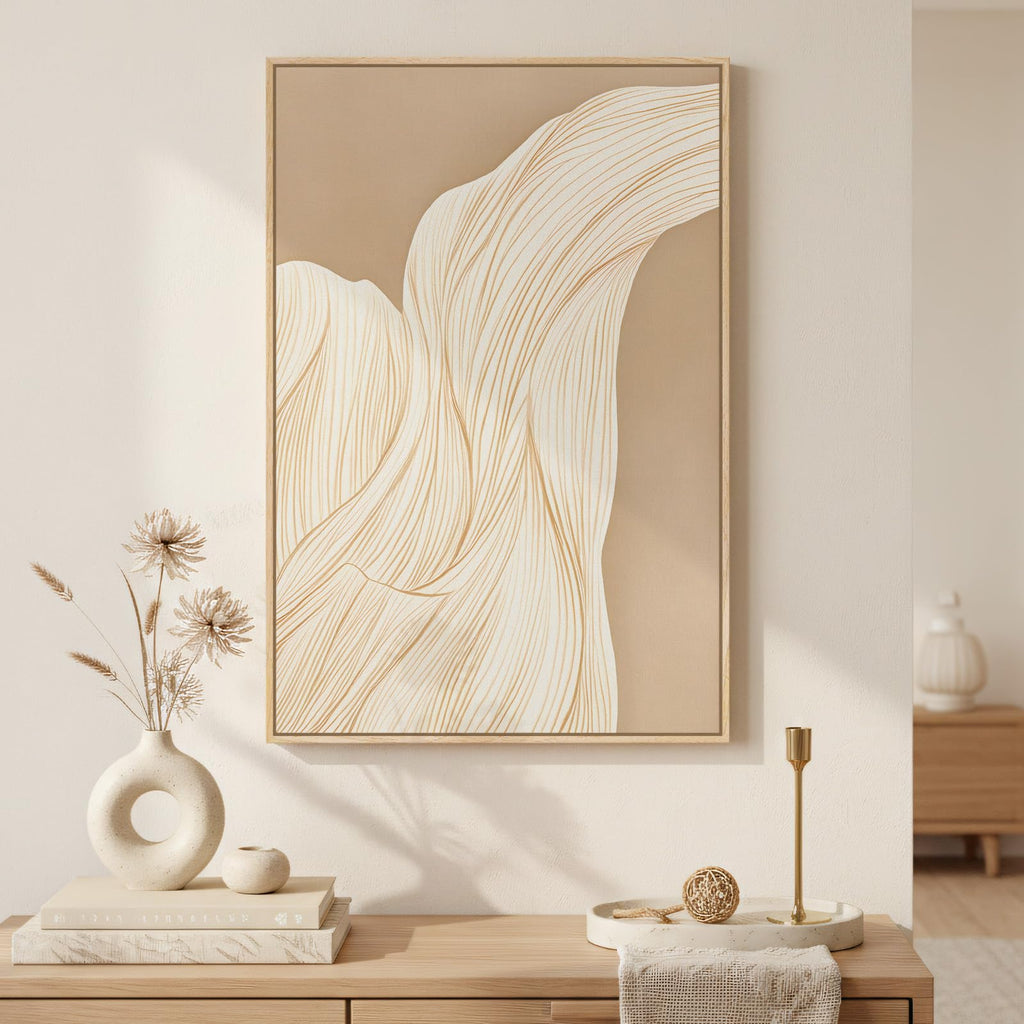 Large Framed Neutral Abstract Wall Art, Modern Beige Brown Canvas Prints Paintings, Minimalist Stone Shape Line Pictures Artwork Decor for Living Room Dining Bedroom Entryway 24x36 Inch