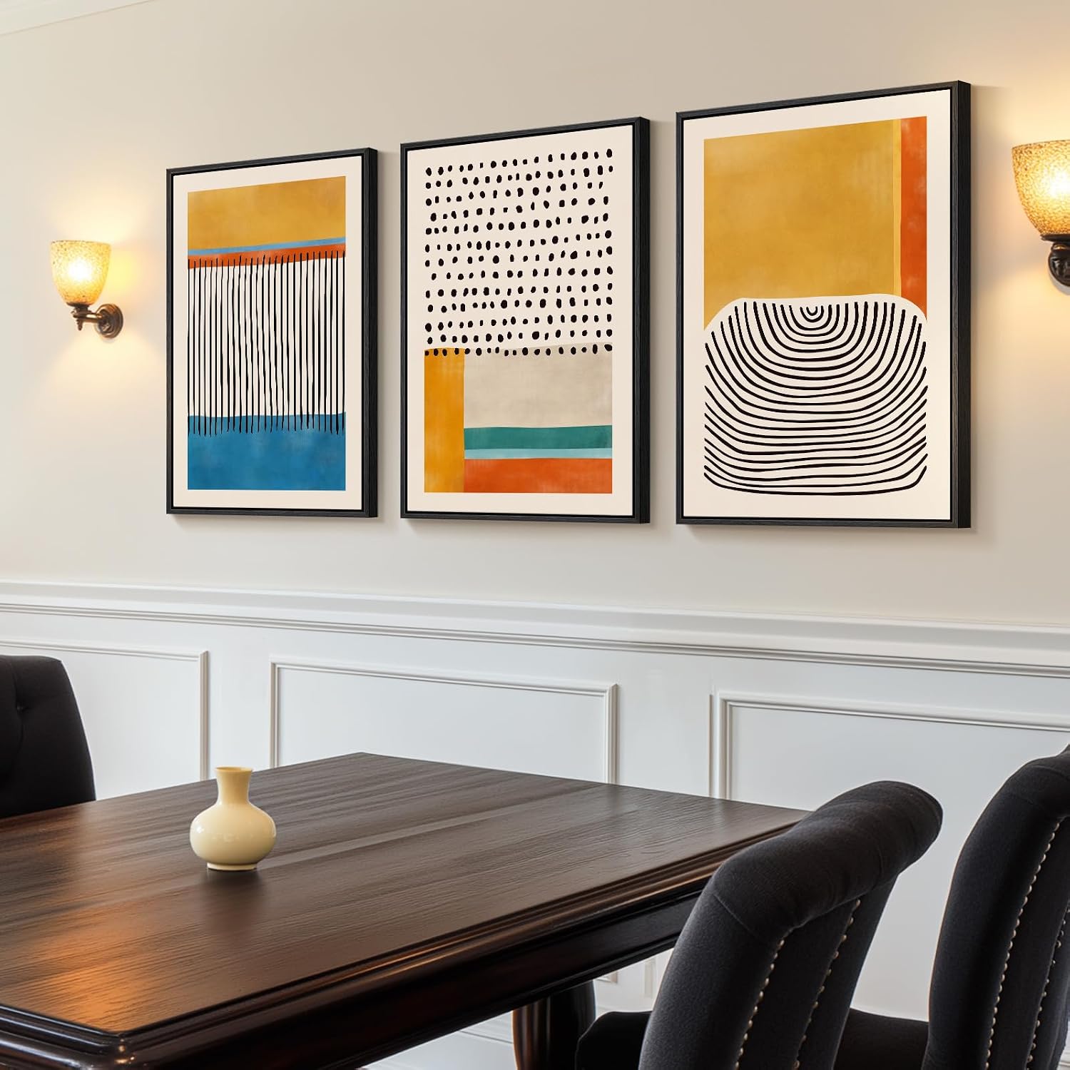 Framed Colorful Abstract Wall Art for Living Room, 3 Piece Mid Century Modern Canvas Paintings Prints Artwork for Walls, Large Modern Triptych Pictures Wall Decor for Bedroom Home Office, 16x24 Inch