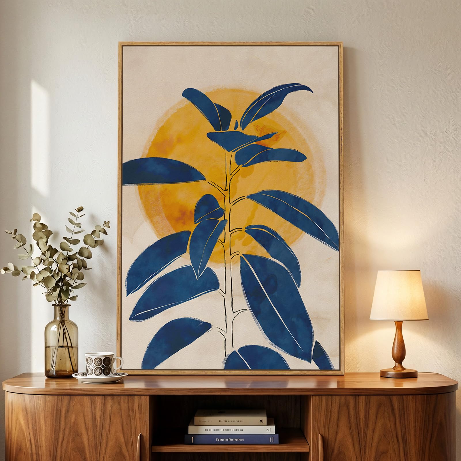 Framed Boho Abstract Wall Art for Living Room, Neutral Black Beige Wabi Sabi Botanical Leaf Prints Canvas Artwork for Walls, Minimalist Mid Century Modern Wall Decor for Bedroom Home Office, 24x36 In