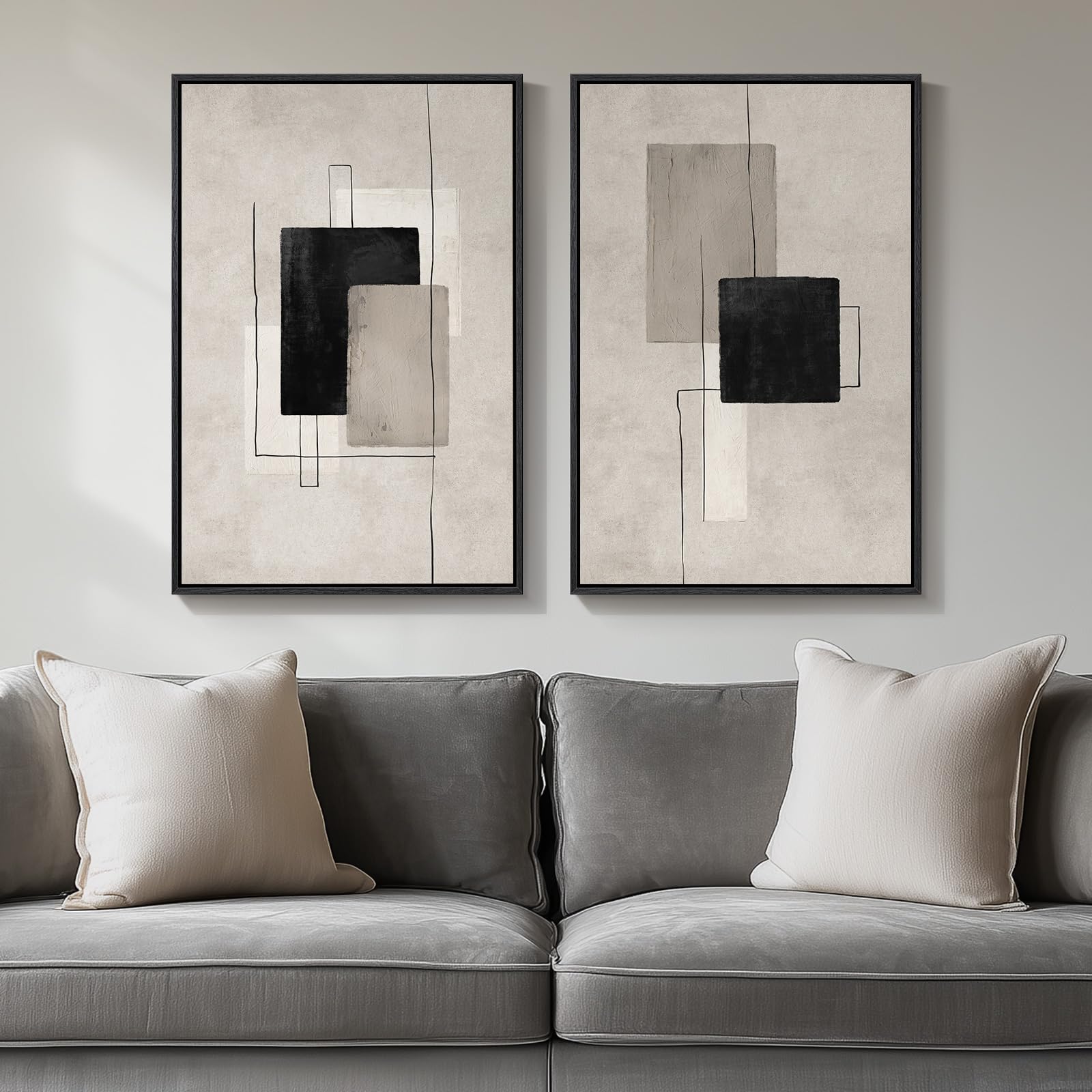 Large Framed Neutral Abstract Wall Art, 2 Piece Modern Canvas Prints Paintings, Beige Gold Abstract Pictures for Living Room Hallway Dining Room Bedroom Office Wall Decor 24x36 In