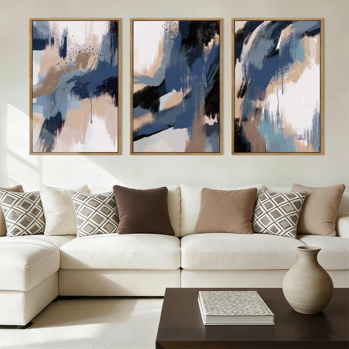 Large Abstract Paintings Framed Neutral Canvas Prints Mid Century Modern Wall Art Abstract Wall Decor Neutral Wall Pictures Elegant Modern Paintings for Living Room Bedroom Bathroom Office 36x24 Inch 3 Piece