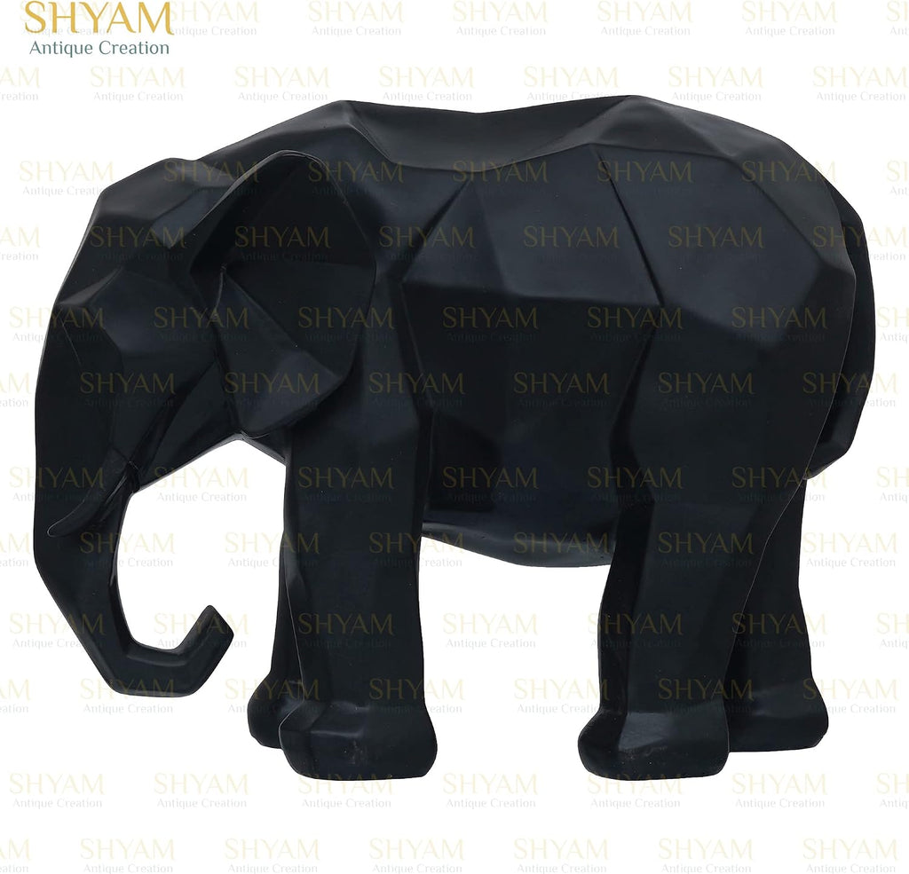 Geometric Resin Black Elephant Sculpture Outdoor Antique Design Animal Figurine Handicraft Wildlife Showpiece for Home Office Table Living Room Car Decor and Gift Purpose