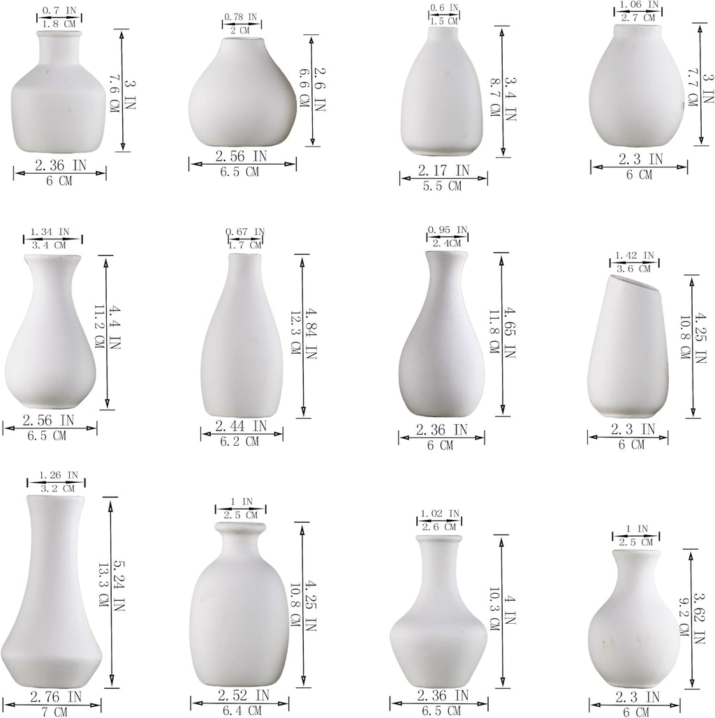 White Ceramic Bud Vase Set of 12, Small Flower Vases for Centerpieces, Modern Mini Vases for Home Decor, Wedding Table Decorations, Farmhouse Shelf and Mantel Display