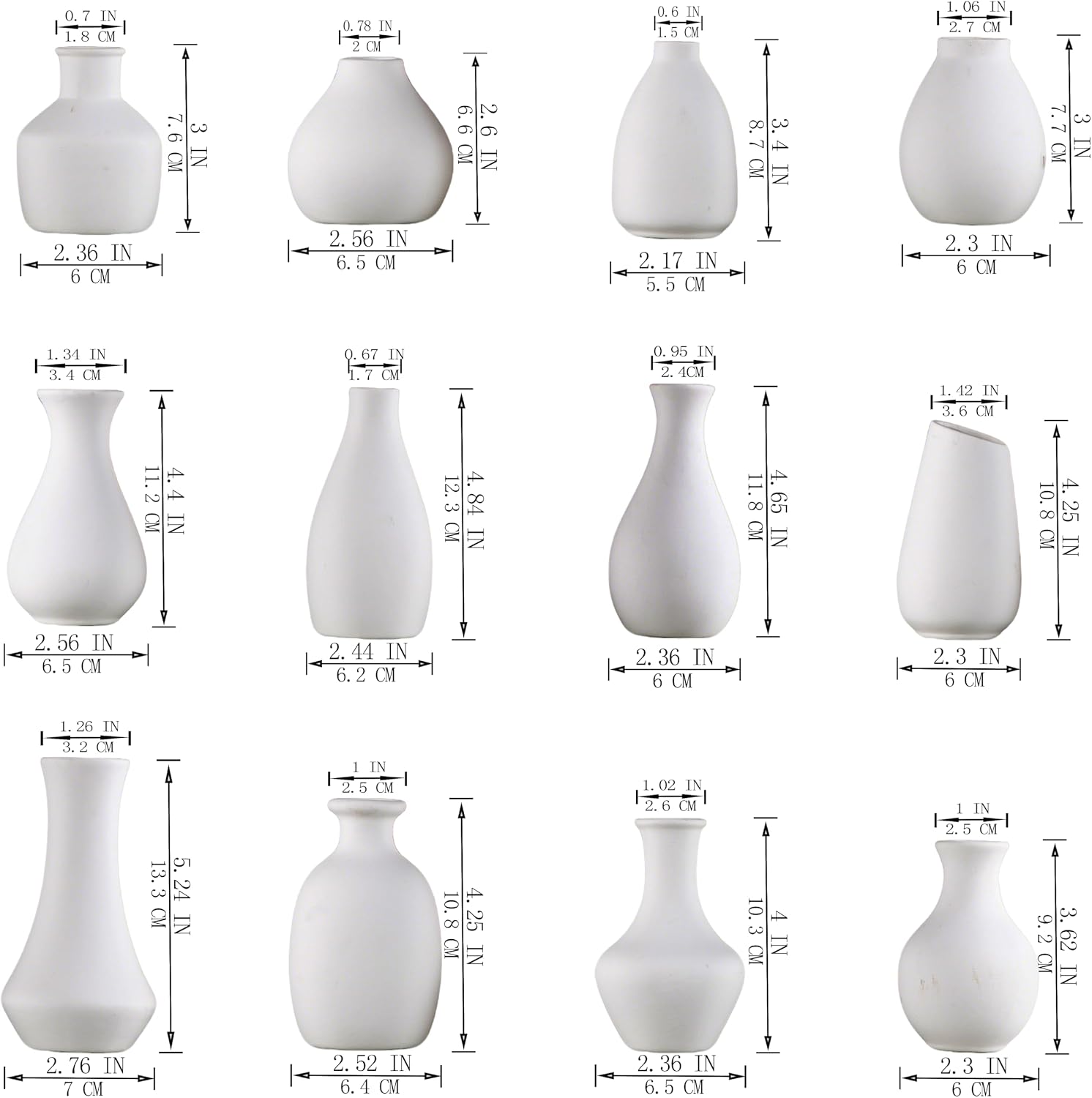 White Ceramic Bud Vase Set of 12, Small Flower Vases for Centerpieces, Modern Mini Vases for Home Decor, Wedding Table Decorations, Farmhouse Shelf and Mantel Display