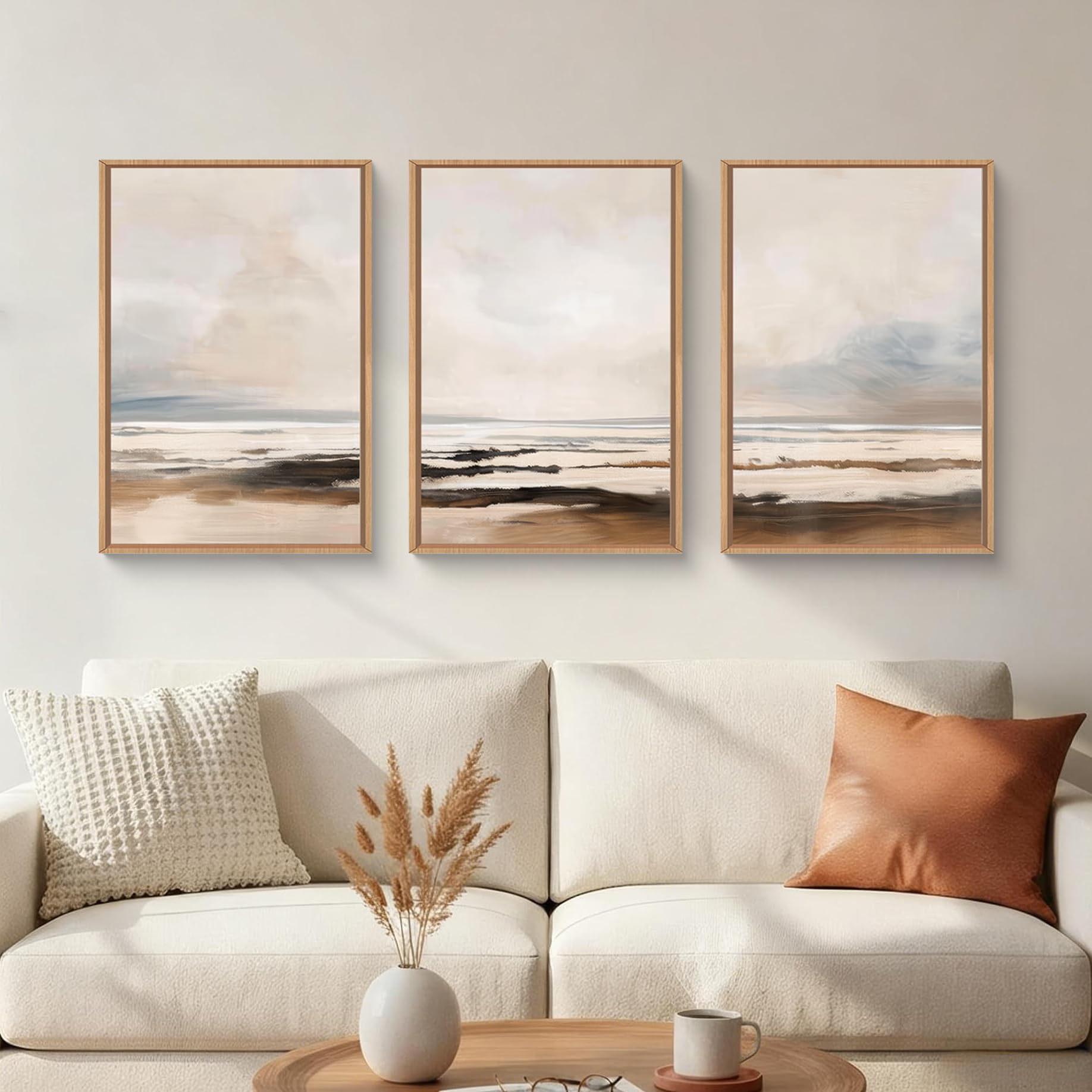 HOURIA Abstract Neutral Vintage Earth Tone Framed Canvas Wall Art Set,Modern Minimalist Rustic Brown Beige Wall Decor,Wabi Sabi Textured Brushstroke Artwork for Living Room,Bedroom,Farmhouse-24"x36"x3