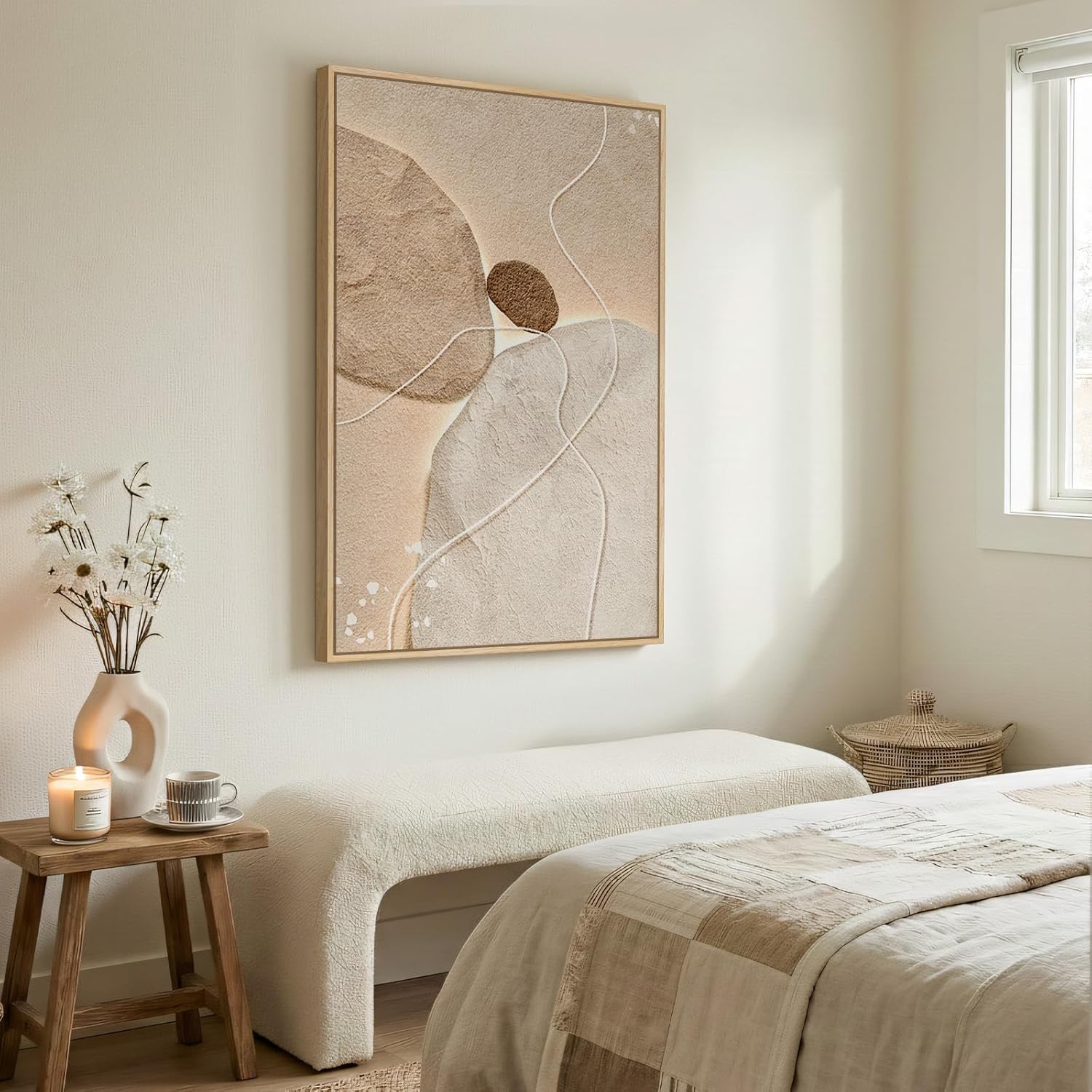 Large Framed Neutral Abstract Wall Art, Modern Beige Brown Canvas Prints Paintings, Minimalist Stone Shape Line Pictures Artwork Decor for Living Room Dining Bedroom Entryway 24x36 Inch