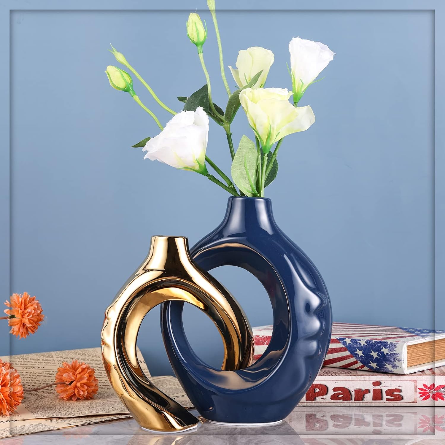 Navy Blue Home Decor Ceramic Vase, Navy Blue Gold Round Vase with Holes Set of 2, Suitable for Wedding Entrance Decoration, Bookshelf, Mantel, Unique Home Decor (Blue Gold)