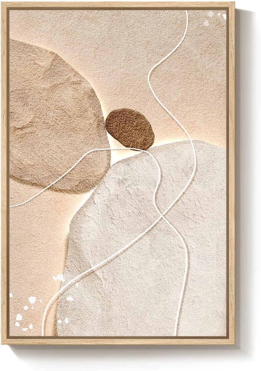 Large Framed Neutral Abstract Wall Art, Modern Beige Brown Canvas Prints Paintings, Minimalist Stone Shape Line Pictures Artwork Decor for Living Room Dining Bedroom Entryway 24x36 Inch