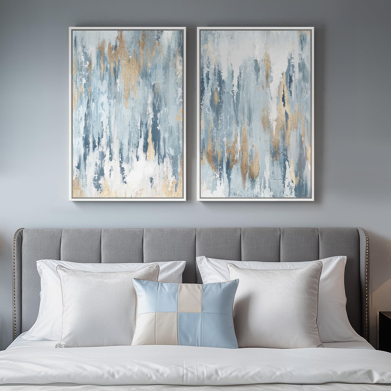 Large Framed Neutral Abstract Wall Art, 2 Piece Modern Canvas Prints Paintings, Beige Gold Abstract Pictures for Living Room Hallway Dining Room Bedroom Office Wall Decor 24x36 In