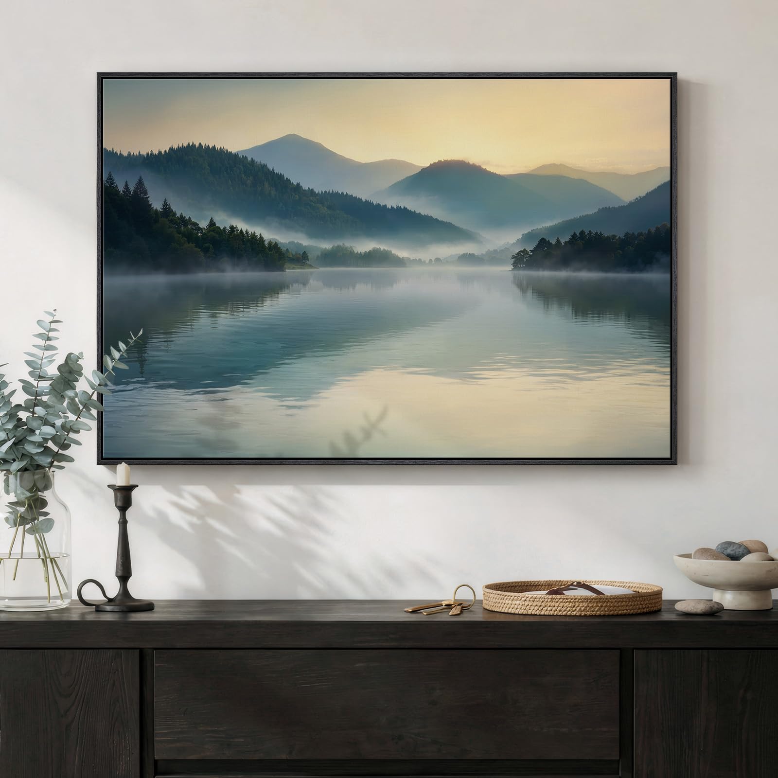 Framed Blue Abstract Forest Wall Art, Horizontal Watercolor Canvas Artwork for Walls, Modern Picture Print Wall Decor, Abstract Landscape Artwork for Living Room Bedroom Office Dining Room, 24x36 Inch