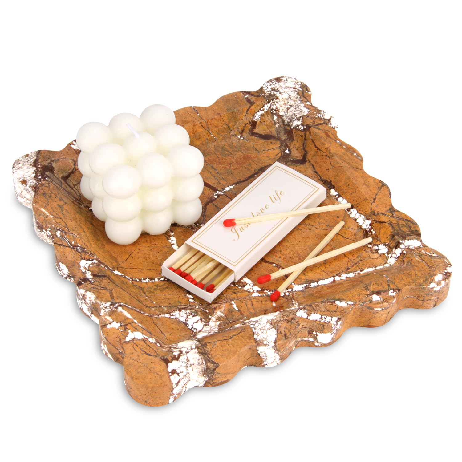 Square Marble Decorative Tray with Scalloped Edge,Luxury Natural Stone Bathroom Vanity Tray, Dresser Top Perfume Coffee Home Kitchen Sink Tray, Key Trinket Ring (Rosso Lepanto, 8 * 8)