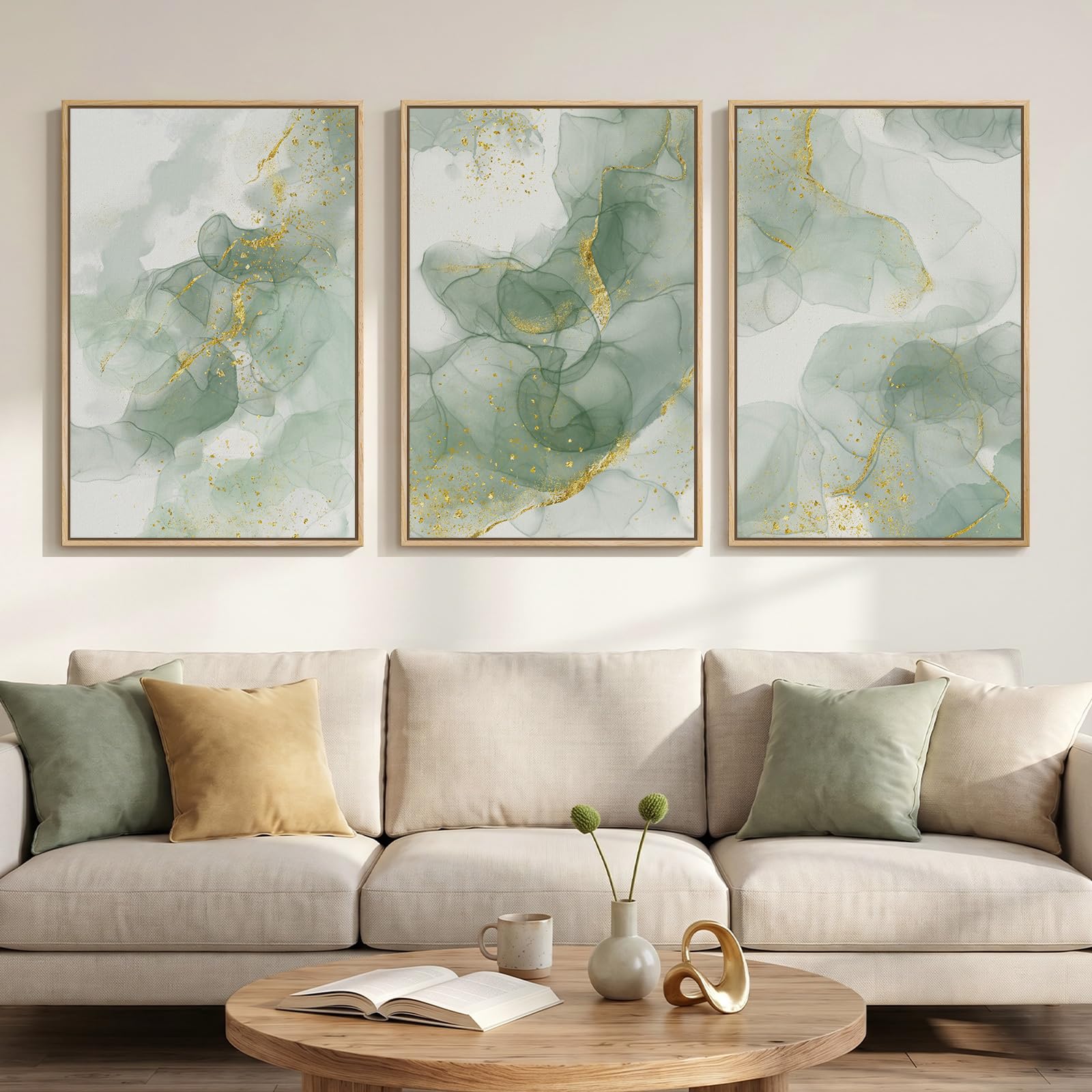 Large Framed Blue and Neutral Abstract Wall Art for Living Room, 3 Piece Modern Canvas Prints Paintings Artwork for Walls, Minimalist Pictures for Bedroom Dining Room Hallway Wall Decor 24x36 Inch